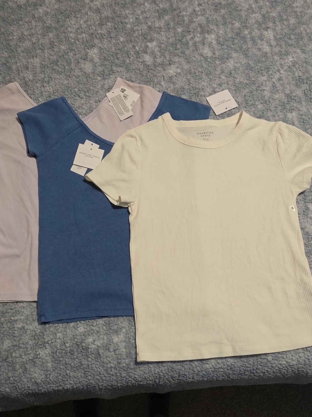 American Eagle Outfitters Womens Ribbed Short-Sleeve Tee - White, Blue, Lavender
